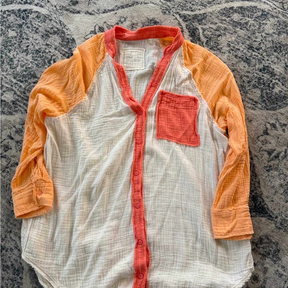 Aerie Orange and White Button Down Shirt with Sporty Color-Block Design